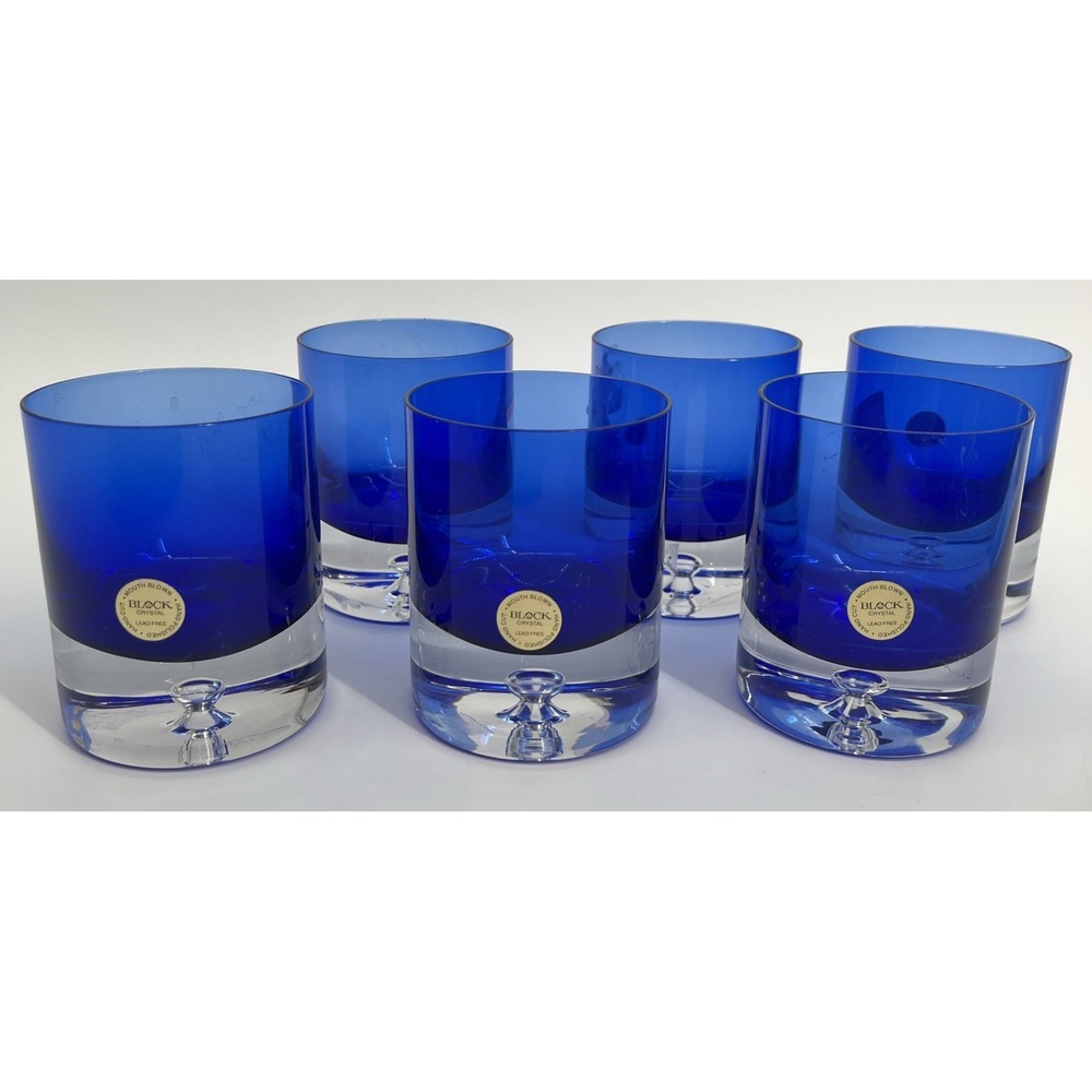 Set of Six Cobalt Blue BLOCK‎ Crystal Bubble Bottom Whiskey Cocktail Glassware